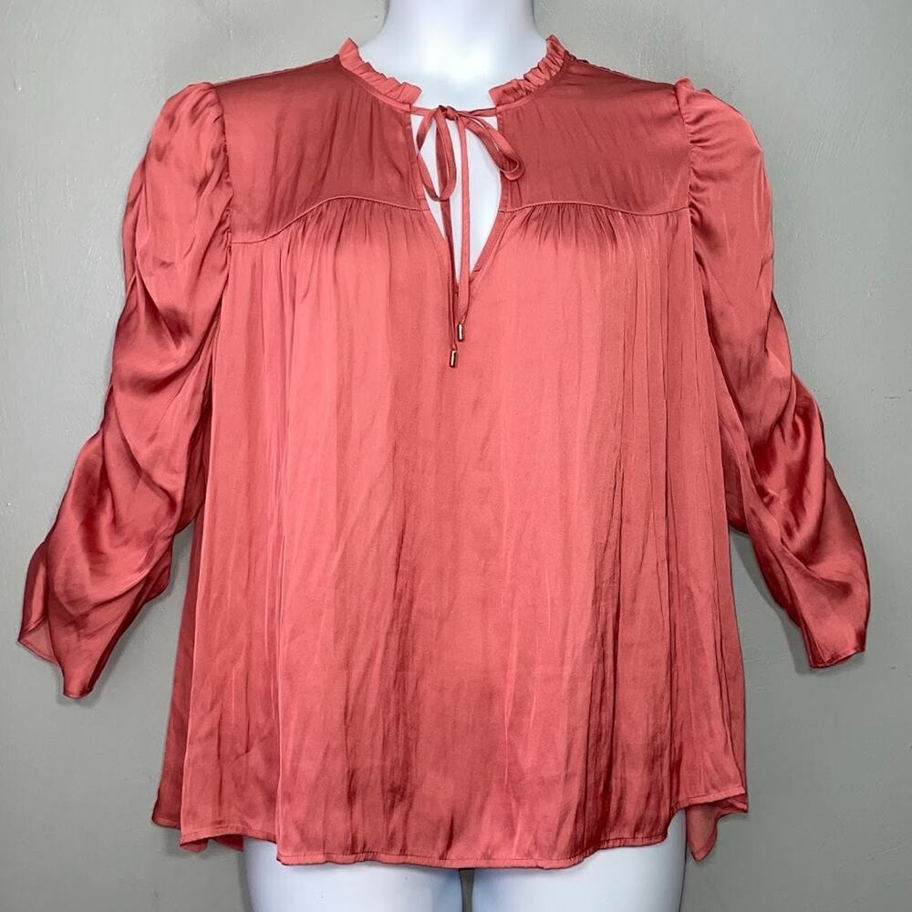 Express Size XL Silky Salmon Pink Ruched 3/4 Sleeve Top Romantic Office Siren